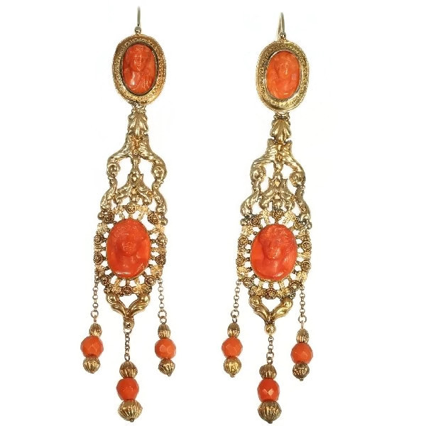 Georgian coral cameo chandelier dangle earrings 18kt red gold